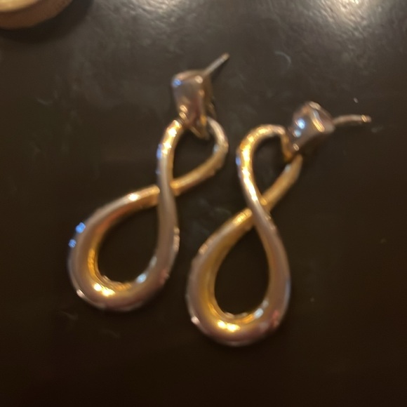 Earrings- 3 pair of gold tone earrings-hoops, long figure 8, & triangle shaped. - Picture 2 of 6